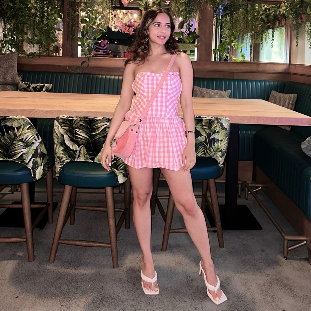 Barbie movie dress in pink plaid